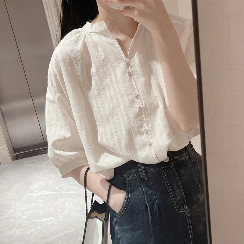 

100% чистый хлопок, уникальная полосатая рубашка в стиле ретро для женщин, летние простые топы с короткими рукавами и круглым вырезом, модная женская одежда