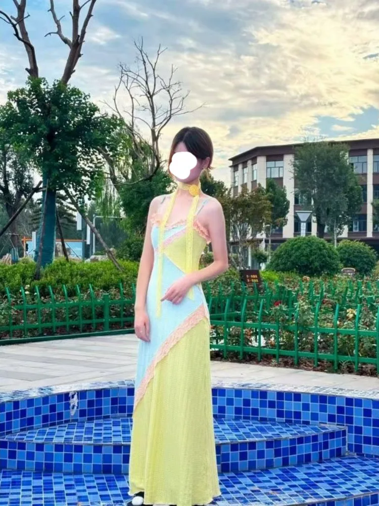 

Элегантное желтое платье на тонких бретельках с цветными блоками для женщин, летнее тонкое платье миди с открытыми плечами, пляжный отдых, фея