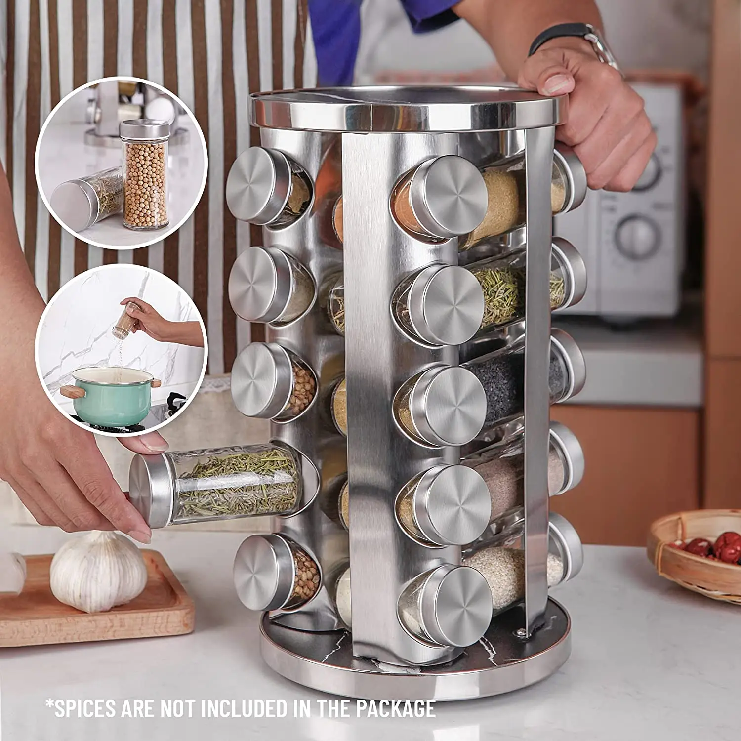 Stainless Steel Spice Jar with Label Countertop Spice Tower Rotating Rack Spice Container Organizer Pepper Seasoning Pot