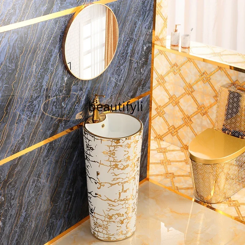 

French column basin integrated floor-to-ceiling electroplated gold wash basin circular courtyard outdoor indoor bathroomAsmt5203