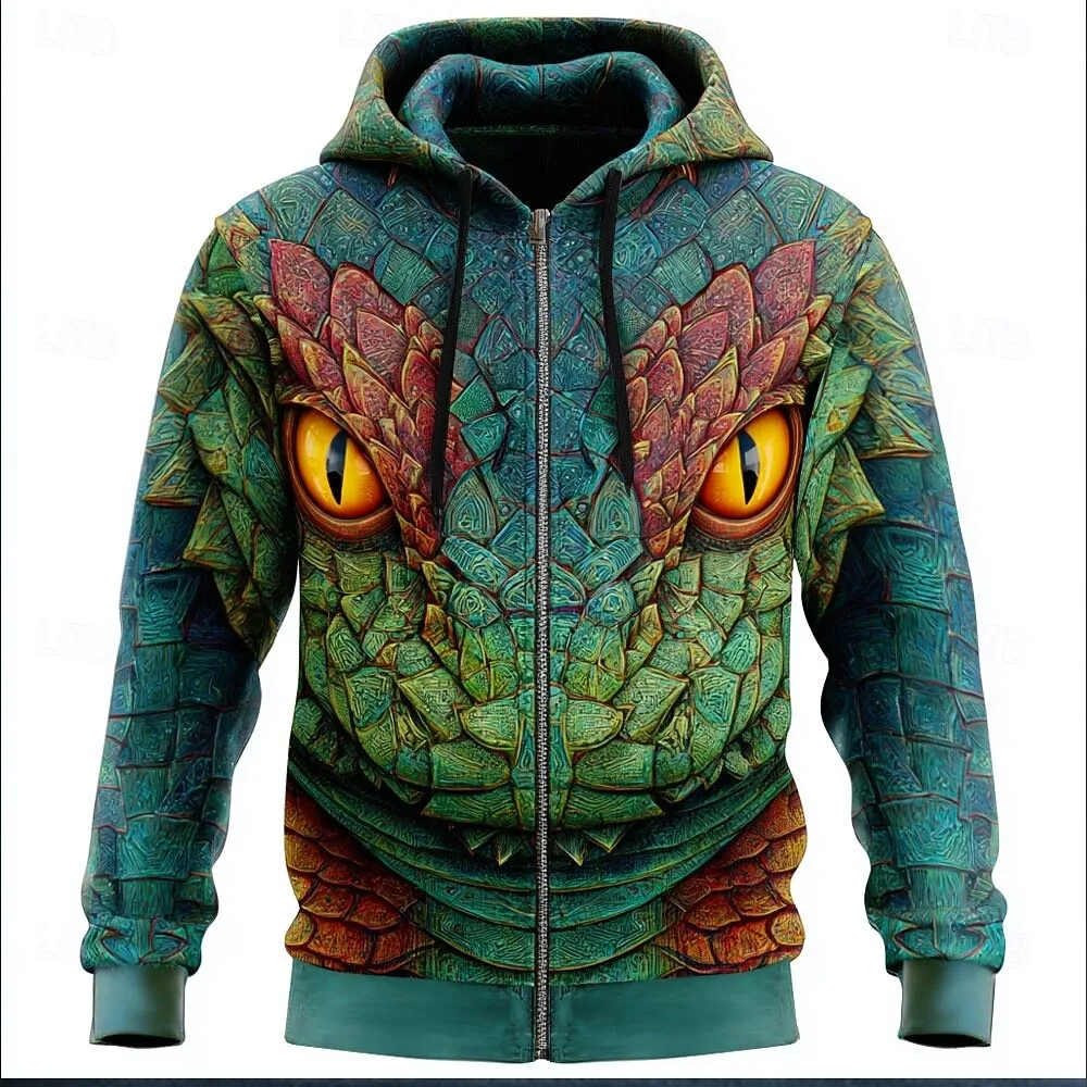 

Men's Dragon 3D Hoodie Jacket Sweatshirt Fantasy All Over Print Zip Vacation Going out Streetwear Blue Dark Green Zip Designer