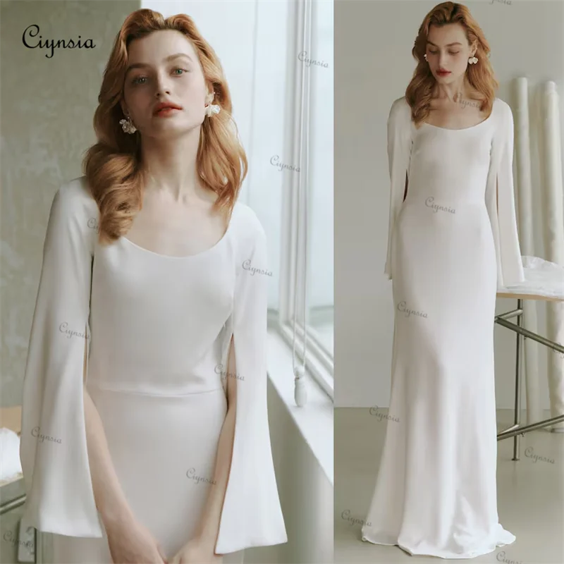 

Ciynsia Elegant Sheath Ivory Wedding Dress with Long Flowing Sleeves Modest Bridal Gown for Bride 2024 Soft Vestidos De Novia