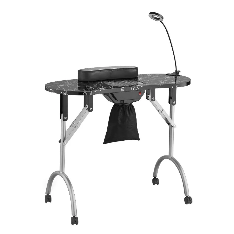 

Portable Manicure Table Foldable Nail Table with Electric Dust Collector Moveable Nail Tech Desk 4 Wheels 3 Dust Bags Bendable