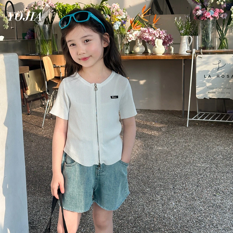 

Baby Girl Top Girls Ice Silk Short Sleeve Summer Dress 2024 New Korean Girls Top Children Knitted Zipper Fashion T-shirt