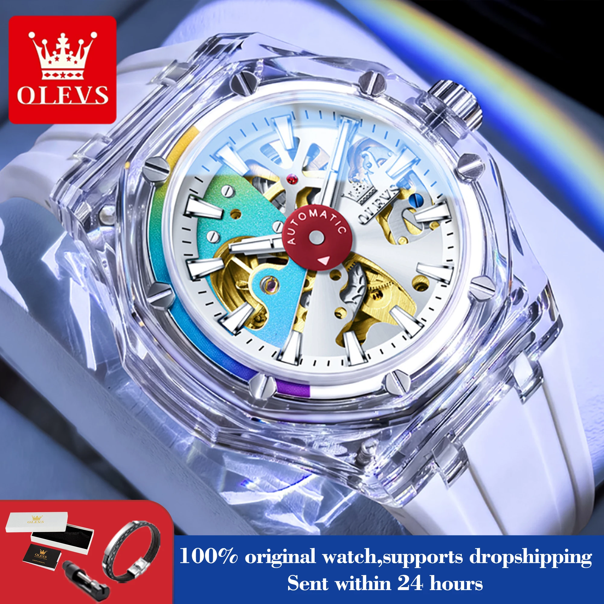 OLEVS Men Watches Top Luxury Brand Skeleton Automatic Mechanical Watch Waterproof Super Luminous Transparent Watch Reloj 6788