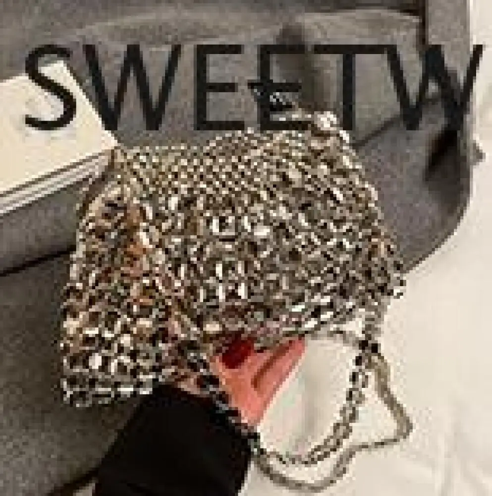 Silver Metal Beaded Mesh Drawstring Mini Crossbody