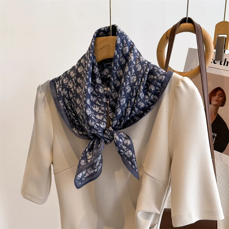 Elegant Stylish Vintage Blue Letter Faux Silk Wool 70cm Square Scarf for Women Cotton Linen Blend Winter Fall Spring Shawl