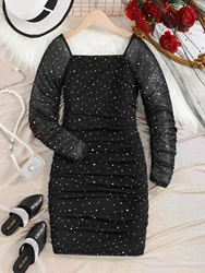 Summer Black Girls Mesh Sequins Long Sleeve Square Neck Slim Waist Fashion Party Birthday Dress