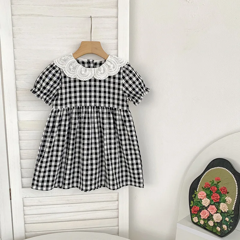 Girls Dress Summer Sweet Plaid Dress Doll Collar Short Sleeve Casual Cute Princess For Toddler Baby Girls Soft Breathable Wear