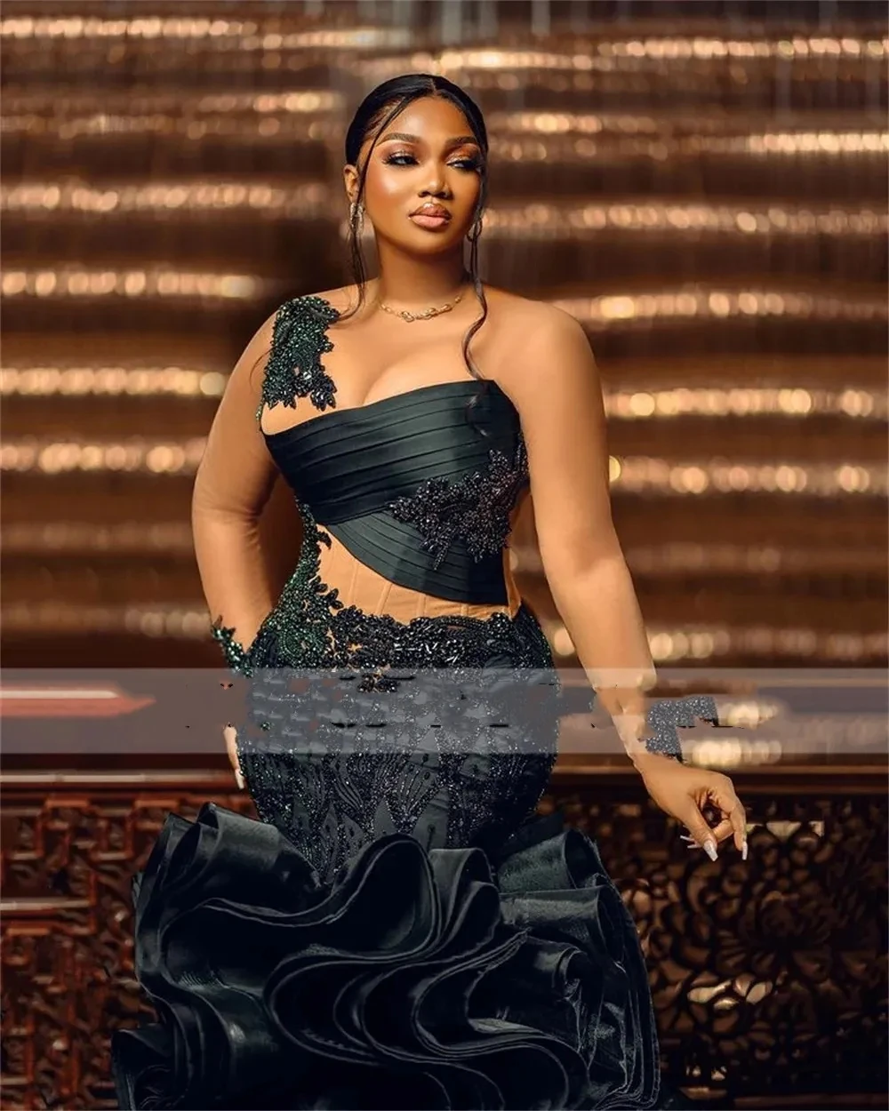 Mooie gouden galajurken Nieuwe zwarte kanten beroemdheidsjurk met grote strik Unieke optochtkleding Formele feestjurken op maat