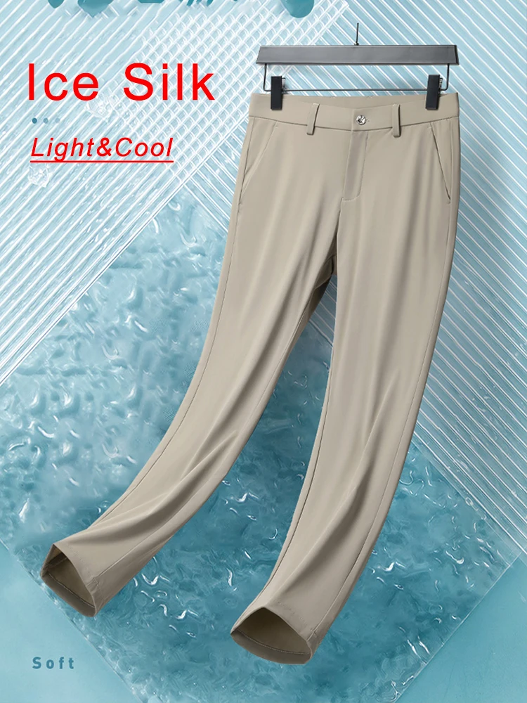 Summer Men's Casual Pants Korean Fashion Light Cool Ice Silk Stretch Golf Pants Slim Fit Suit Pants Male Office Formal Trousers