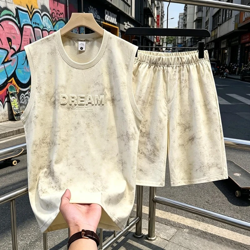 Summer 2pcs Tie Dye Vest Sets Men Two Piece Sleeveless Thin Foaming Print T-Shirts + Shorts Sets Korean Streetwear Tracksuit Man view 3