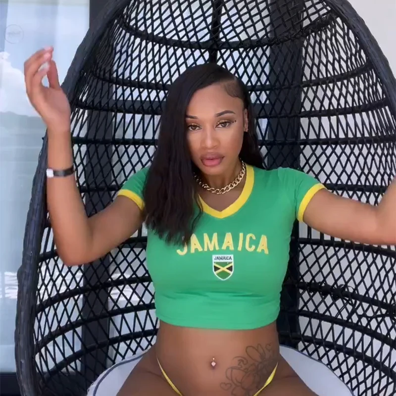 2024 Summer Tees Jamaica Letter Print Women\'s Casual Retro Short Sleeve T-shirt Crop Tops Green Y2k Sexy Cool Unisex Female Top