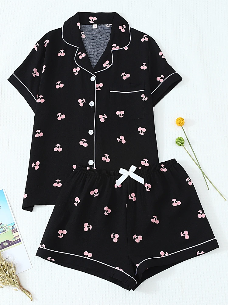 

Ladies Summer Spwear Set Soft Breathable Slim Fit ort Sve Cherry Print Cloth Waisand orts Convenient Casual Home ...