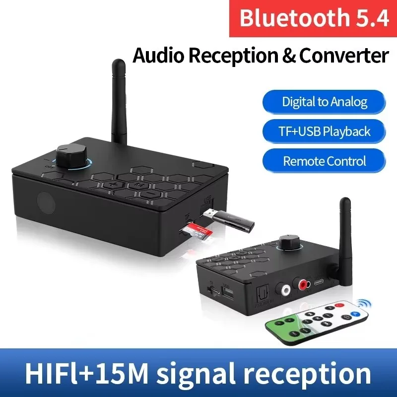 

2-в-1 Bluetooth 5.4 приемник-модулятор FM, цифровой/аналоговый оптический коаксиальный аудиоконвертер-адаптер с пультом ДУ и выходом RCA