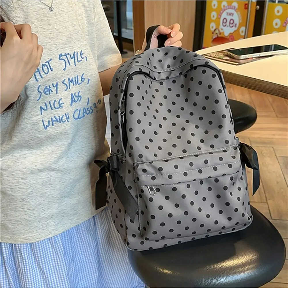 Cute Sweet Polka Dot Backpack Minimalist Multiple Pockets Bow Rucksack Lightweight Bowknot Design Student School Bag Daily