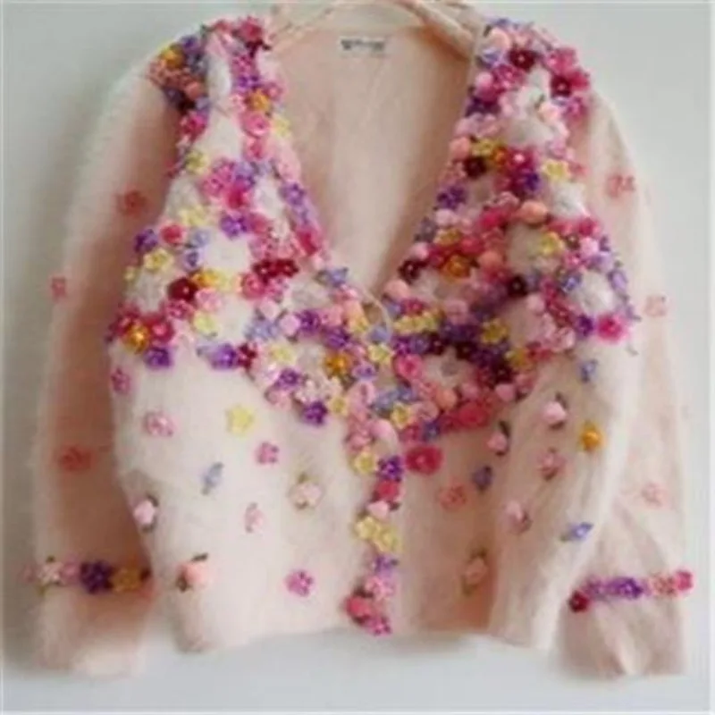 

Luxury Handmade 3D Flowers Pink Mohair Sweater Coat Crocheted Floral Mink Cashmere Jacket Plush Knitted Cardigan Knitwear Tops