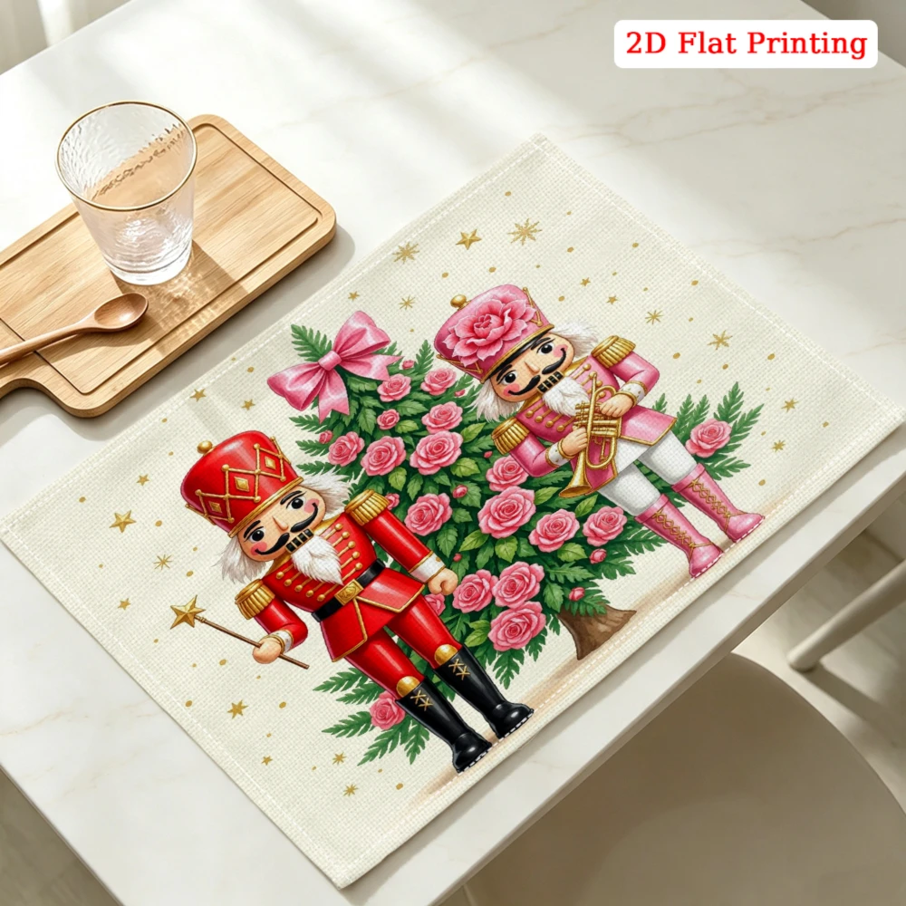 Nutcrackers Beside Rose Christmas Tree Kitchen Placemat Coaster Linen Pad Dish Coffee Cup Table Mat 30x40cm Home Decor