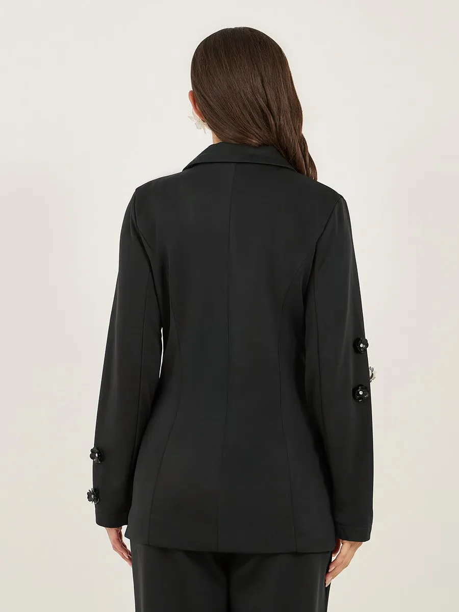 Vestidos de noche elegantes para mujer, trajes con botones y flores, chaqueta con dos botones, pantalones para mujer, traje de satén de 2 piezas personalizado