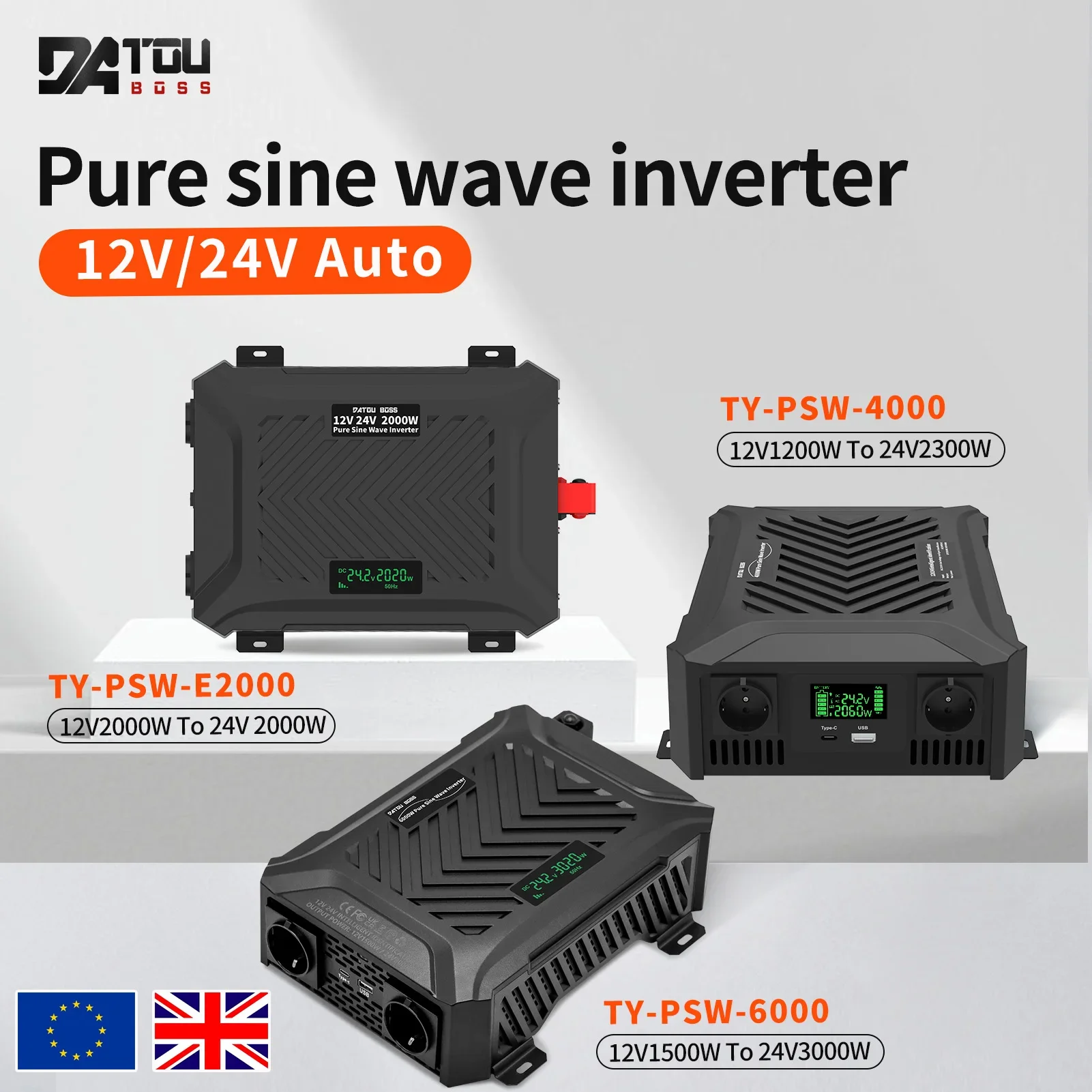 DATOUBOSS tiszta szinuszhullámú kettős feszültségű inverter 12V-ról 24V-ra, automatikus kapcsoló napelemes inverter 1200W-ról 3500W-ra, hordozható autós inverter