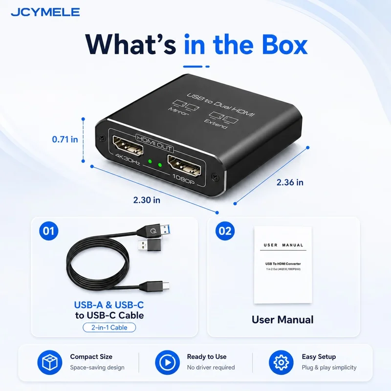 JCYMELE USB to Dual HDMI Splitter DisplayLink Adapter 4K@30Hz 1080P@60Hz for Dual Monitors Extended Display Windows Mac