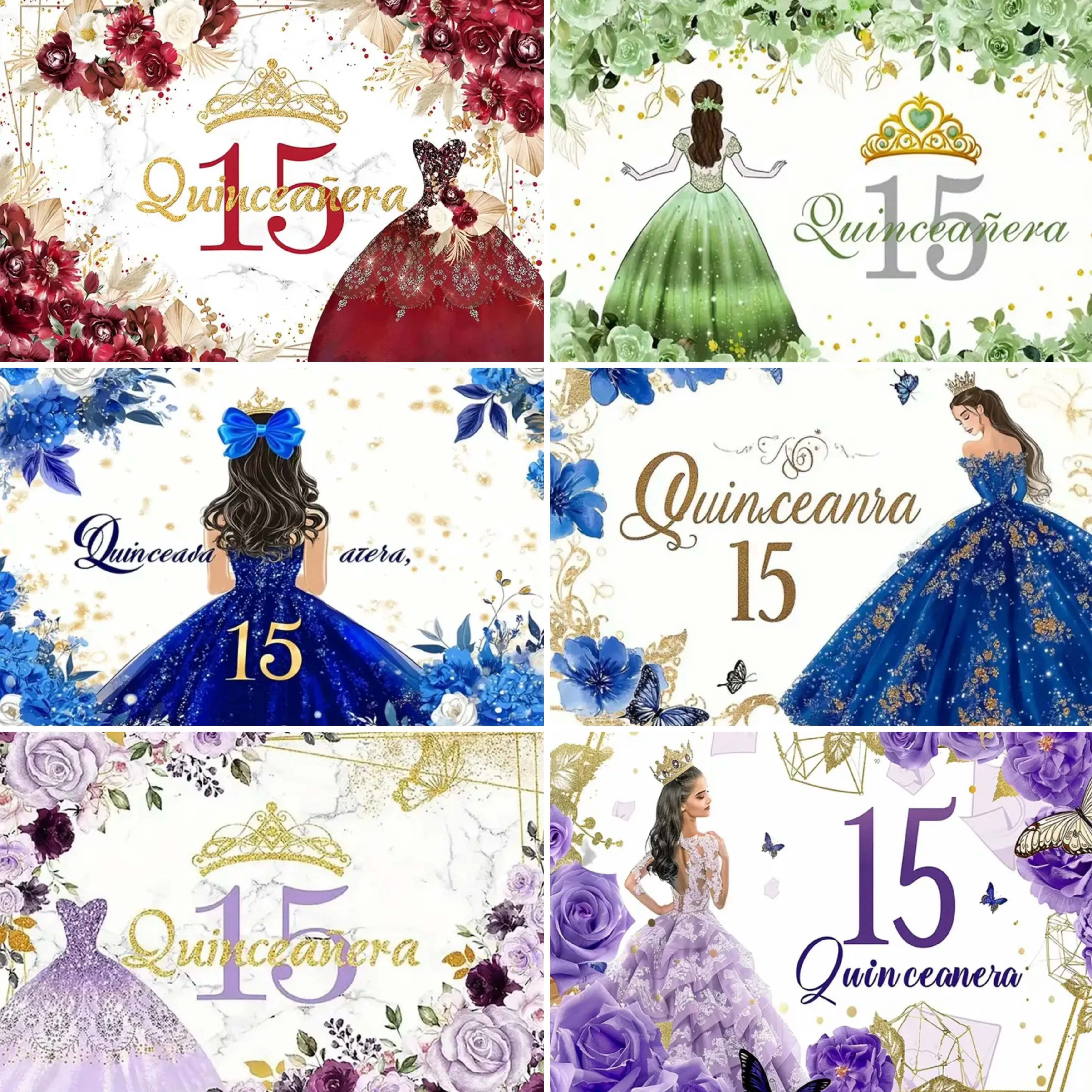 

Beautiful 15 Year old Girl Birthday Party Decor Backdrop 15th Birthday Celebration Crown Dress Flower Butterfly Photo Backdrop