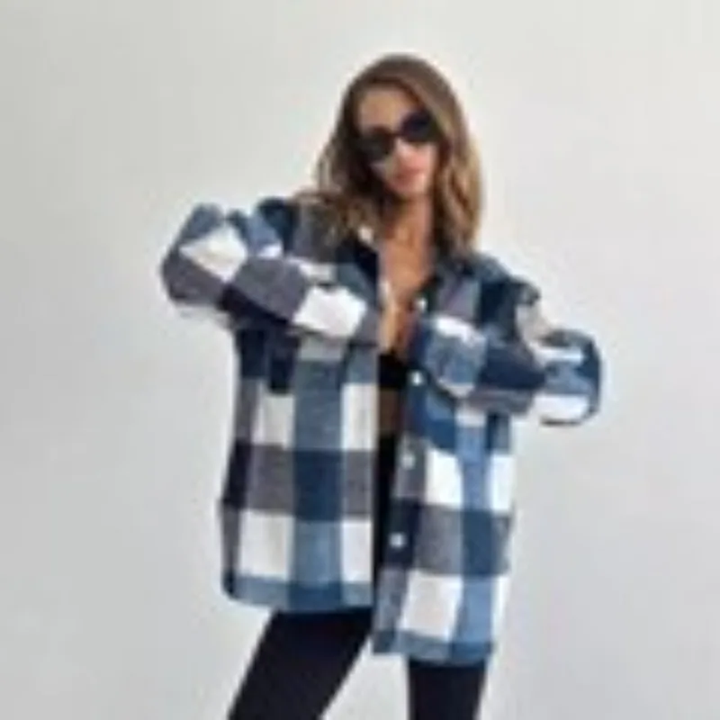2025 Autumn Oversize Long Sleeve Women Basic Plaid Shirt Minimalist Button Up Brushed Blouses Casual Warm Cardigan Coat