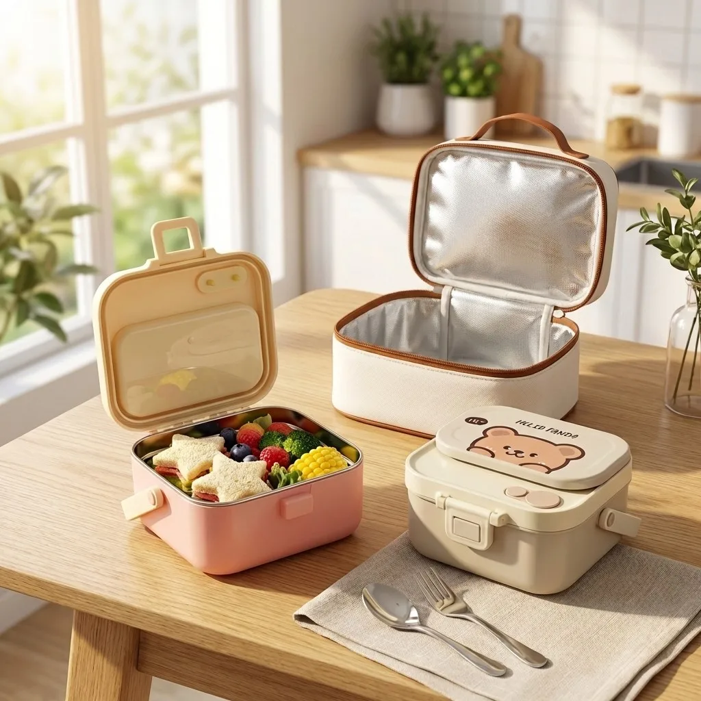 800/700ml Square Cute Lunch Box For Kids Students Microwave Safe Sealed 304 Stainless Steel Lunch Container With Handle&Cutlery