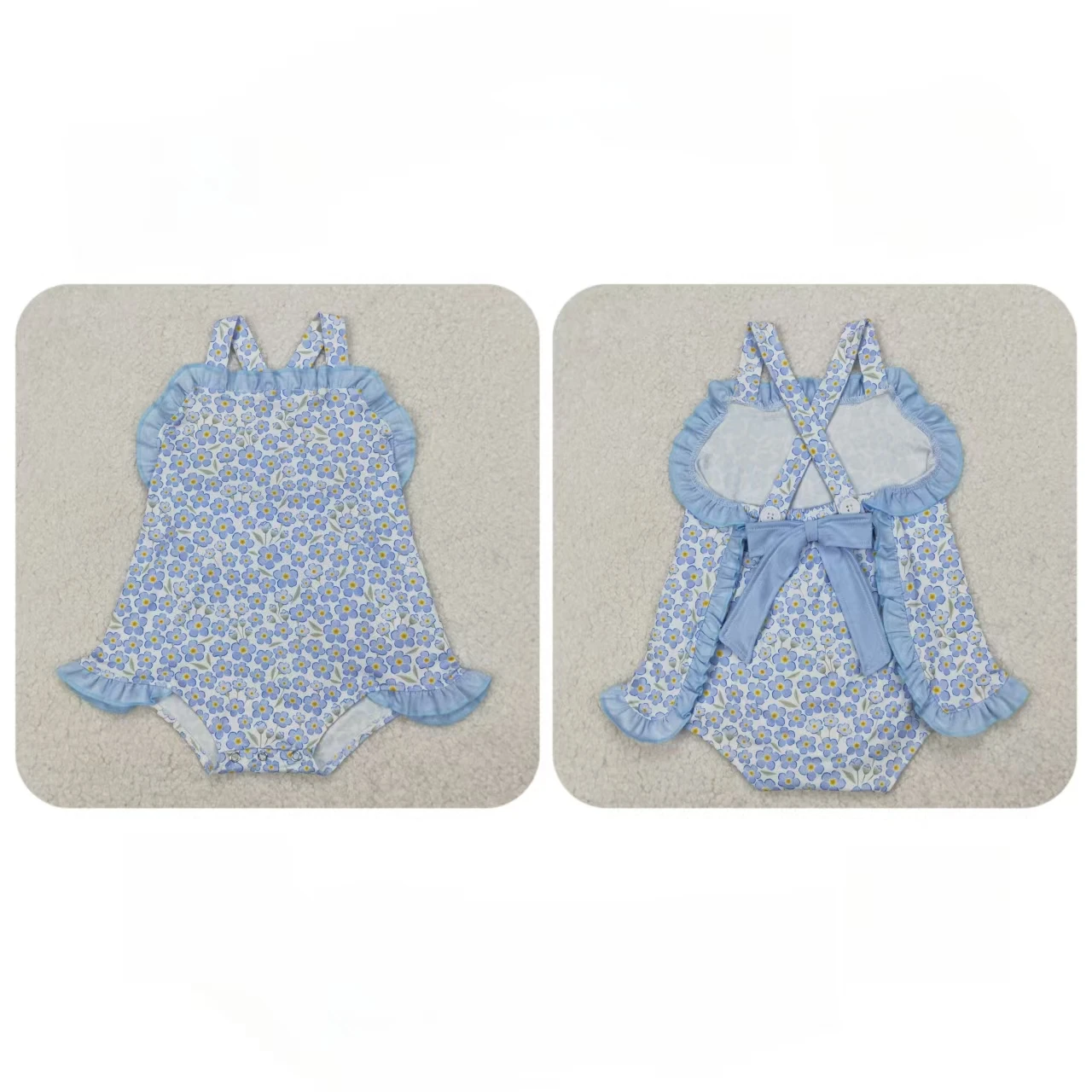 Wholesale Toddler Kids Coverall Newborn Straps Ruffle Bodysuit Baby Girl Clothes Infant Children Flower Buttons Blue Bow Romper