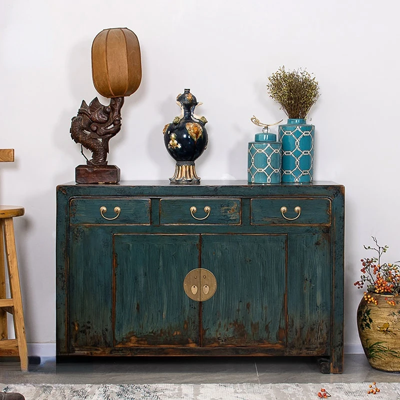 Customized Chinese style retro furniture, peacock blue, old dining side cabinet, solid wood porch cabinet