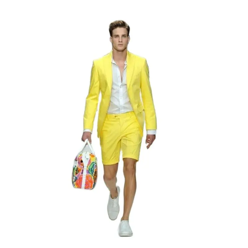 

Summer Yellow Men Suits With Short Pants 2 Piece Costume Homme Wedding Prom Casual Style Slim Fit Groom Tuxedos Blazer Sets