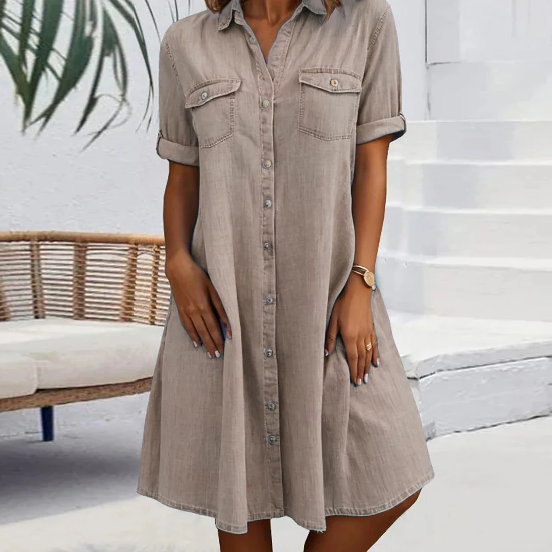 

Plus Size Women's Short Sleeve Shirt Collar Solid Color Buttons Midi Dress