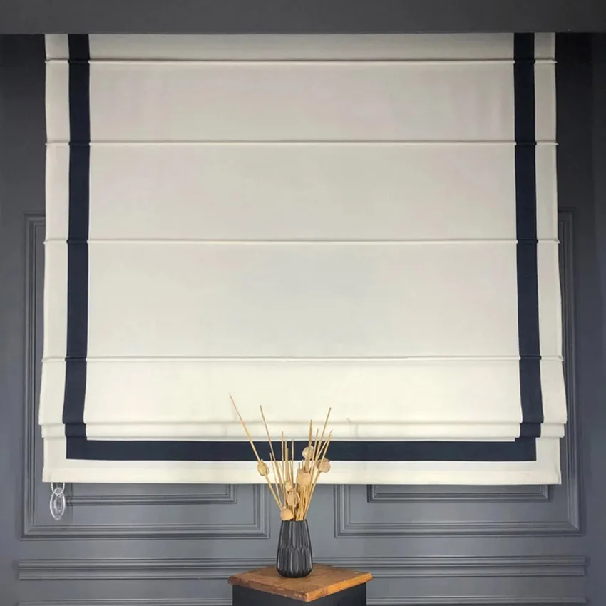 

Modern Motorized White With Black Color Boder Trims Flat Roman Shades Customized Roman Blinds With Installation Included