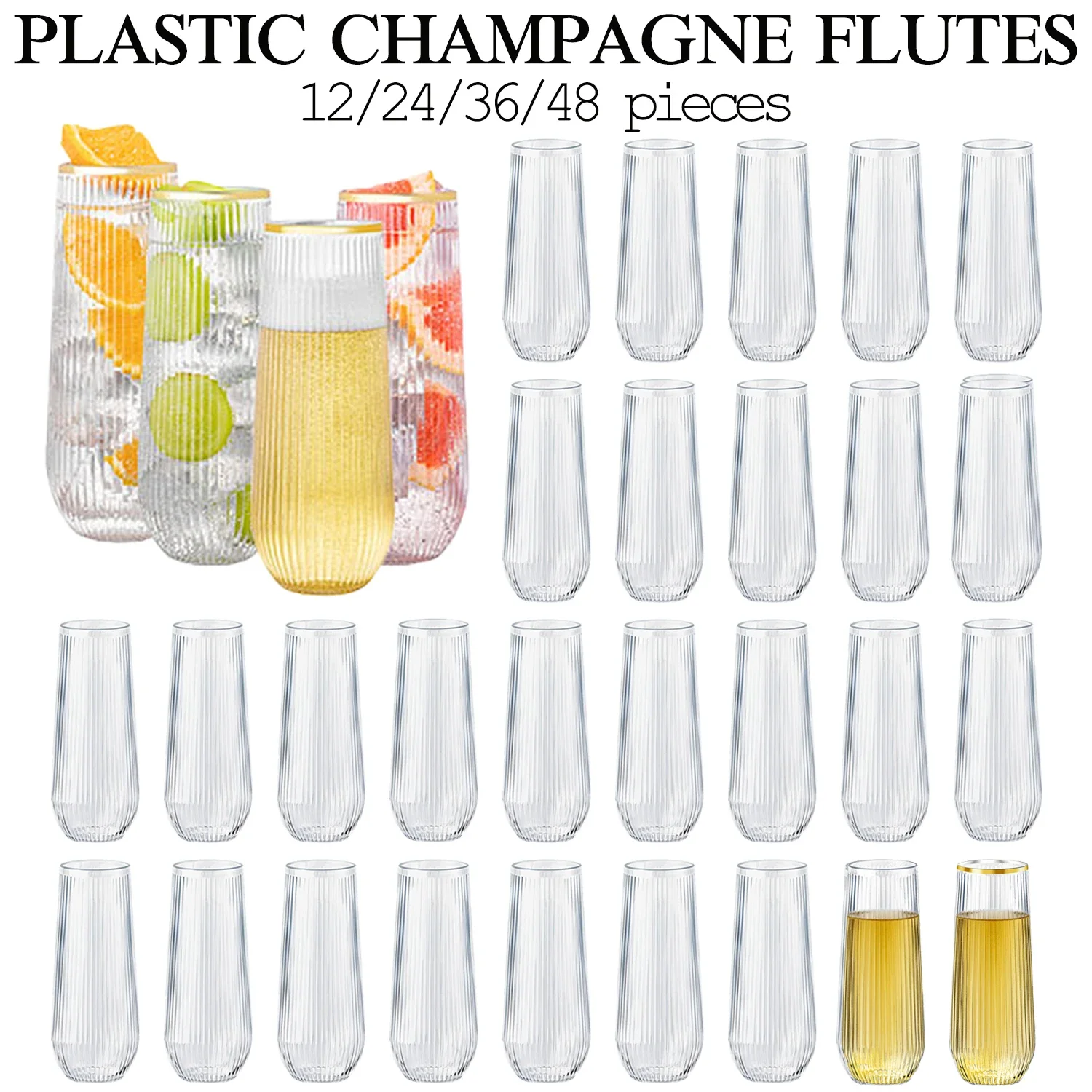 

12-48 Pcs Plastic Ribbed Champagne Flutes 9 Oz Stemless Disposable Plastic Glasses Shatterproof for Mimosa Bar Wedding Party
