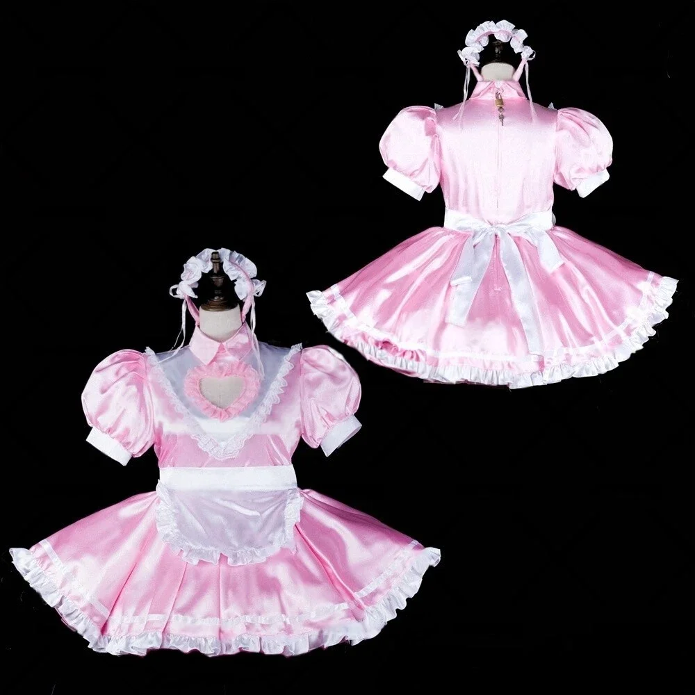

Sexy Sissy girl French maid pink satin heart-shaped neckline ruffled dress cosplay costume customizable