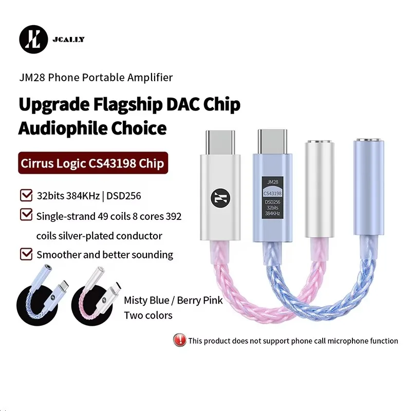 JCALLY JM28 Portable DAC Headphone Amp, Cirrus Logic CS43198 Chip Type-C to 3.5mm Adapter DSD256, 32bit/384kHz Audiophile Dongle