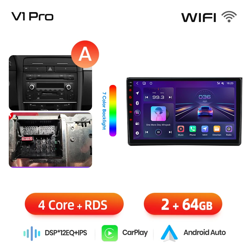 Junsun draadloze CarPlay Android Auto autoradio voor Audi A4 (B6) / SEAT Exeo (3R) 2000-2013 met ingebouwde koelventilator, Android GPS navigatie, multimediaspeler, WiFi, DSP, RDS, BT, SWC, IPS