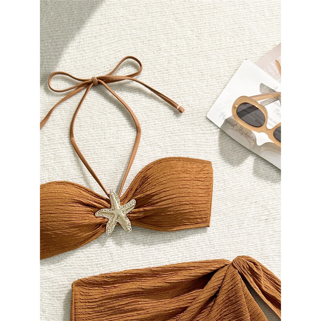 3-teiliges Set mit Sarong, Metallstern-Halterneck-Bikini, Damen-Badeanzug, Damen-Badebekleidung, dreiteiliges Bikini-Set, Badeanzug, Badebekleidung, Schwimmbekleidung V7042 – Detail 23