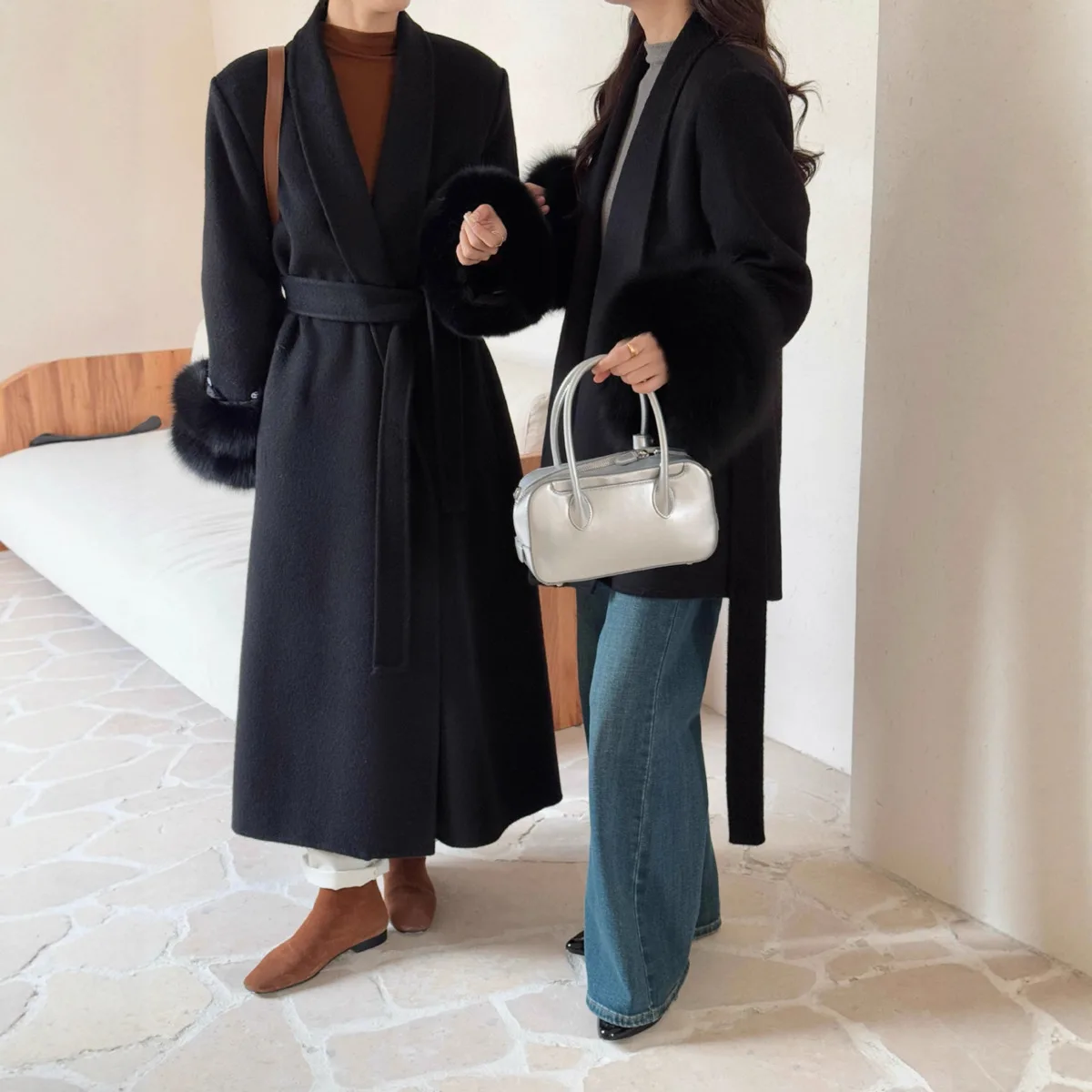 معطف نسائي طويل من الصوف مزدوج الوجه من BJTZ، بياقة واقفة، طية صدر كبيرة الحجم، مقاس نحيف، سميك ودافئ، معطف أنيق للخريف والشتاء