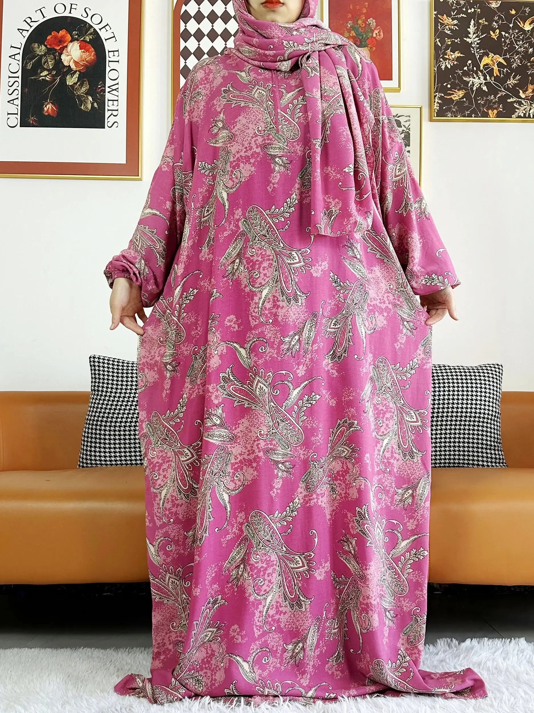 Abaya musulmana de algodón para mujer, ropa de oración Floral de Ramadán, Túnica de Oriente Medio de Dubái y Turquía, vestido africano suelto,