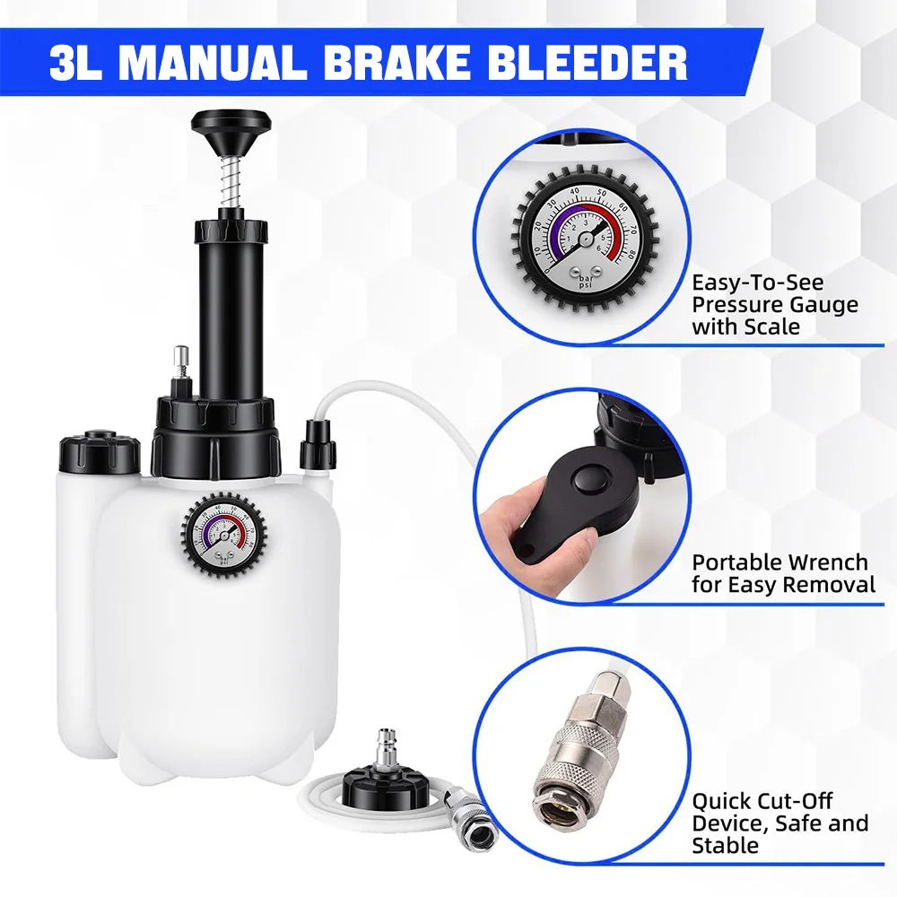 เครื่องเปลี่ยนถ่ายน้ำมันเบรกแบบแมนนวล 4 พอร์ต พร้อมอะแดปเตอร์ถังเก็บน้ำมันเสีย ประแจ 3 ลิตร เครื่องมือเปลี่ยนถ่ายน้ำมันเบรกยานยนต์ ปั๊มแรงดัน