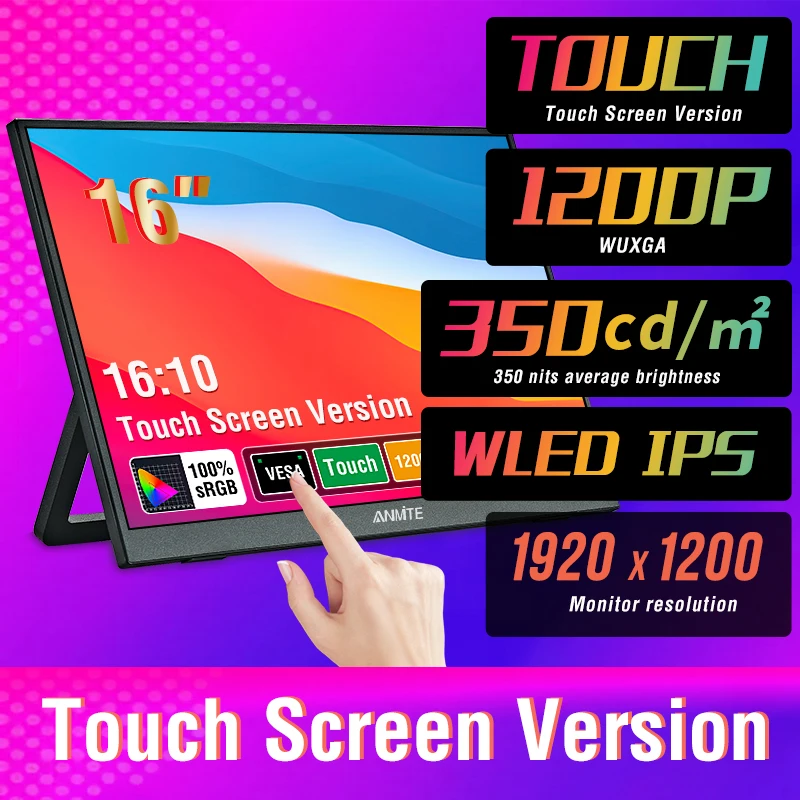Anmite 16-Inch Portable Touch Monitor Non-touch optional 1200P HDR 16:10 For XBox PS4 / 5 Switch Cell Phone PC Loptop Extension