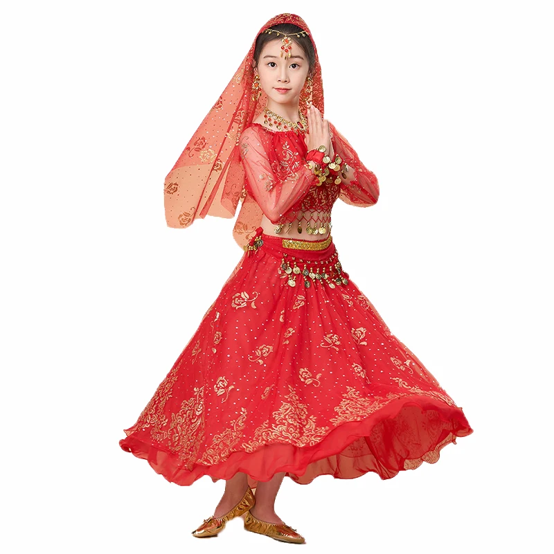 

Women Bollywood India Dance Costume Set Ladies Chiffon Tops+Skirt+Waist Chain Belly Dance Outfit Set Girls Performance Clothes