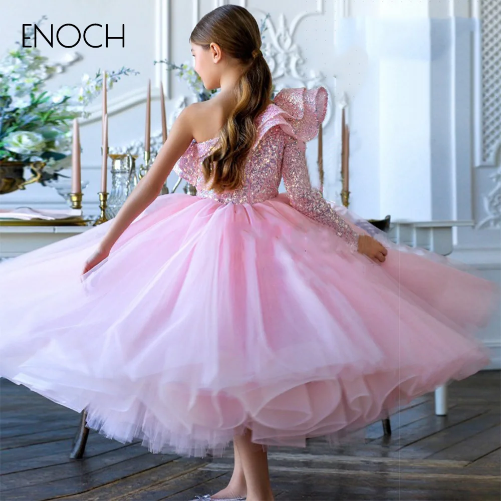 ENOCH-vestido de una línea para niña, traje de tul suave, sin mangas, con un hombro, Formal, para fiesta de boda