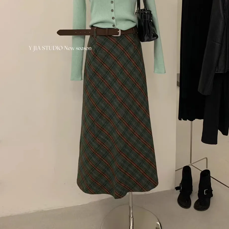 المرأة الخريف الشتاء الصوف والمزيج منقوشة تنورة طويلة سيدة خمر عالية الخصر ضئيلة ألف خط تنورة