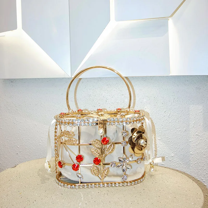 

Vintage Birdcage Clutch Purse Metal Rose Sparkling Rhinestone Embroider, Hollow Mesh Design Elegant Evening Bag Chain Handbags