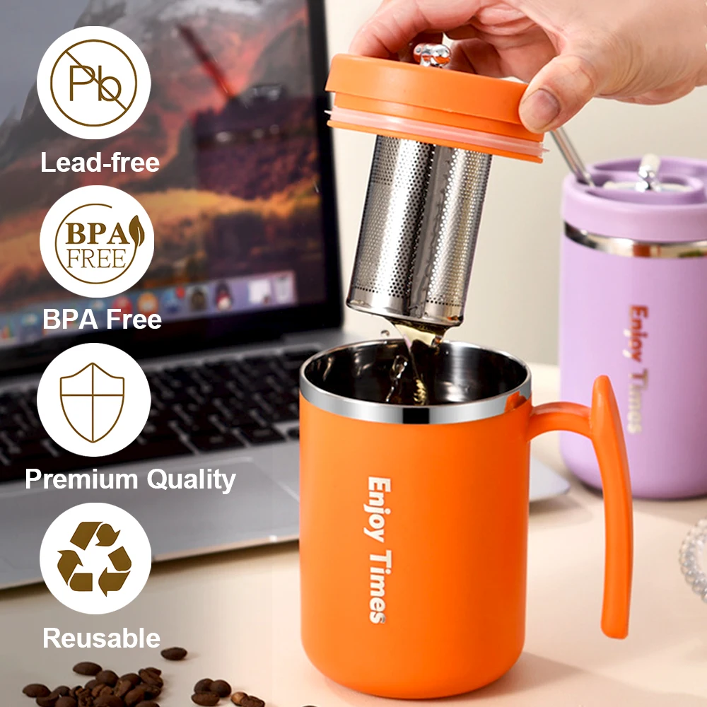 

500ML Tea Cup With Strainer And Straw Stainless Steel Liner Coffee Mug With Lid Water Bottle Office Christmas Gift Drinkware