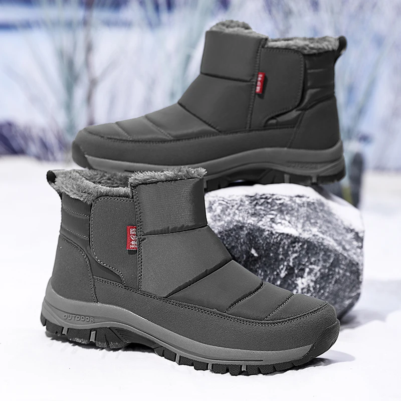 Waterproof Snow Boots with Grey Suede Leather Upper Simple Winter Boots with Anti Slip Grip Outsole Ankle Boots Men and Women