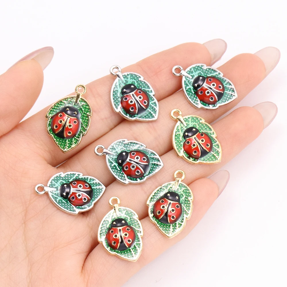 10Pcs New Enamel Insect Charms Green Leaf Ladybird Alloy Pendant for DIY Necklace Bracelet Material Jewelry Making Supplies Bulk