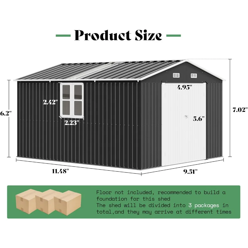 10x12x7 FT Galvanized Steel Storage Shed with 2 4-Pane Windows Hinged Double Doors, Outdoor Shed for Backyard, Garden